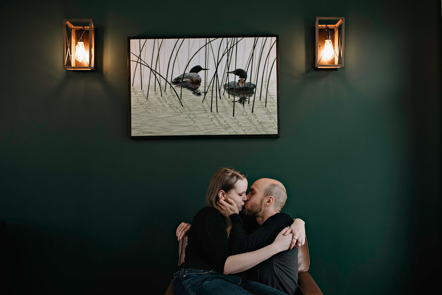Martensville indoor winter couple's session at Clearcut Coffee House
