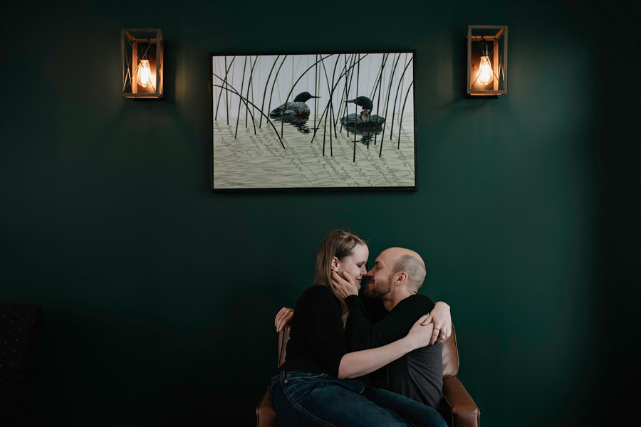 Martensville indoor winter couple's session at Clearcut Coffee House